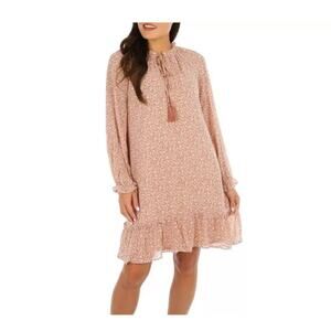 Luxology Womens Floral Dress Split Tie Neck Long Sleeve Beige/Brown, Sz S